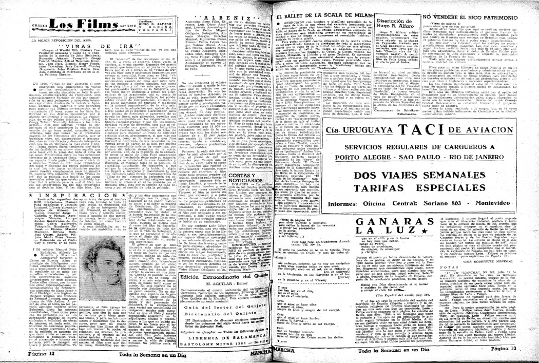 Página de cine de Marcha en 1945, con críticas de Homero Alsina Thevenet y Hugo Alfaro